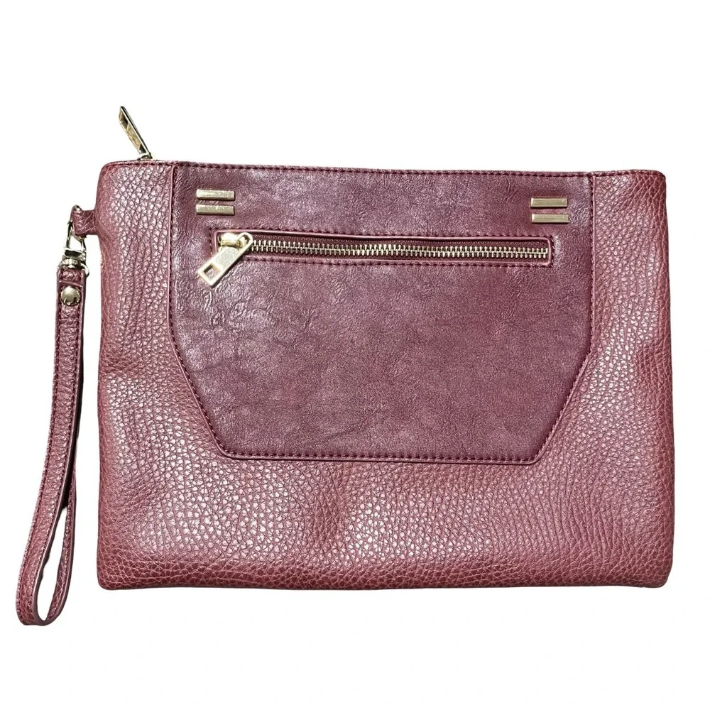 Sole Society Burgundy Faux Leather Wristlet Clutch Animal Print Lining Gold Zip